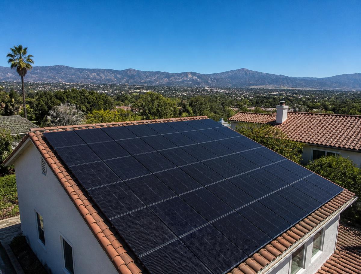 Tejado con placas solares fotovoltaicas instaladas en filas ordenadas