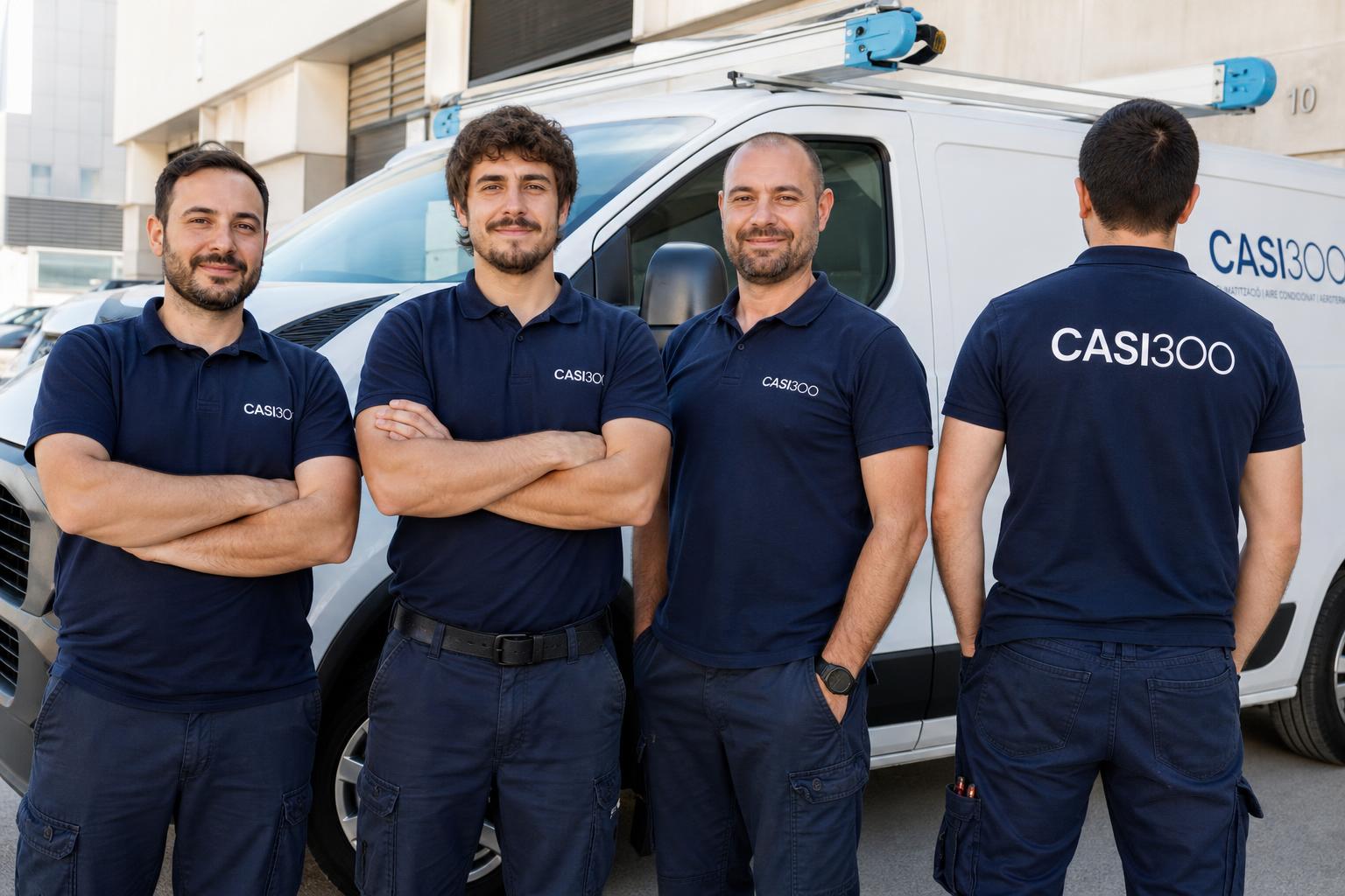 Equipo de técnicos de CASI300 junto a su furgoneta de servicio en Igualada