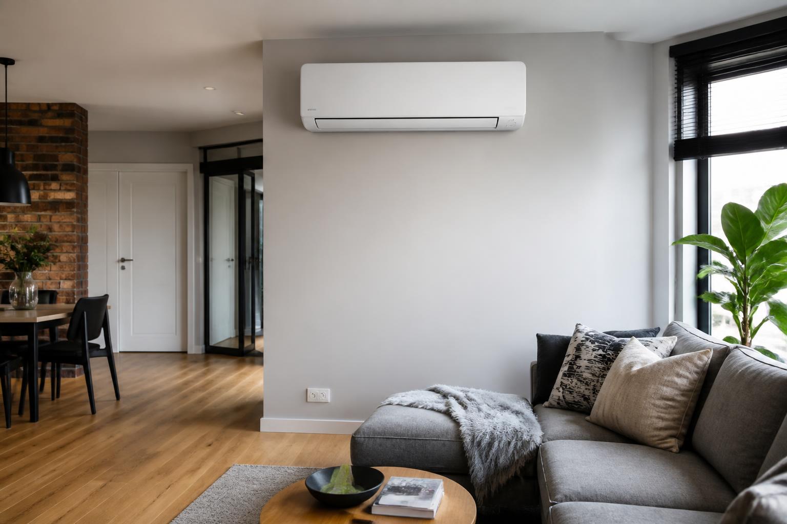 Split de aire acondicionado instalado en el salón de un piso reformado en Igualada