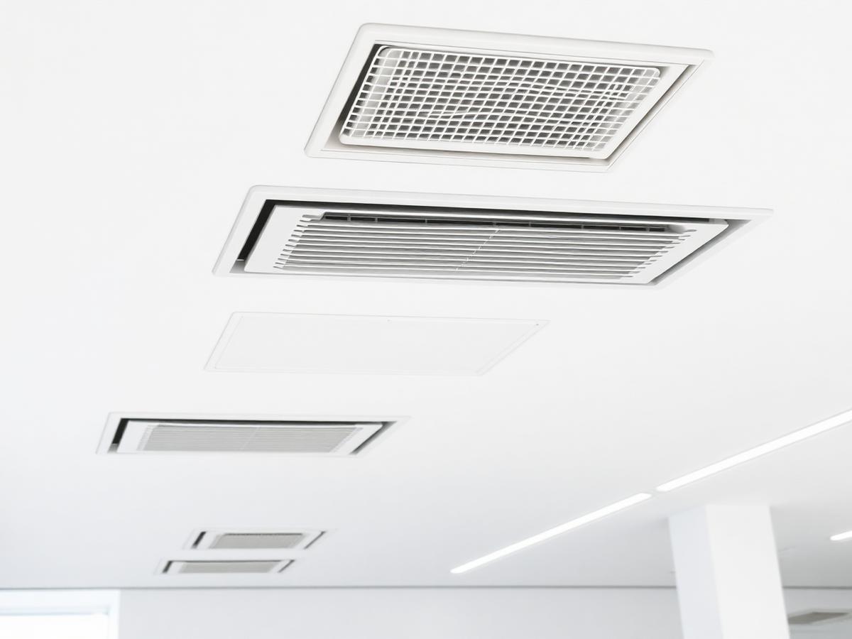 Rejillas de climatización por conductos en el falso techo de unas oficinas en Martorell